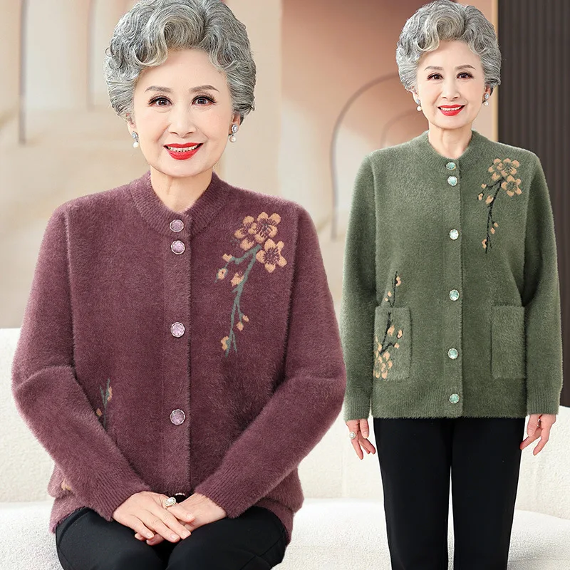 

Grandma Thick Warm Mink Velvet Sweater Top Winter Middle Aged Mother Outside Wear Cardigan Jacket Vintage Women Knitted Coat