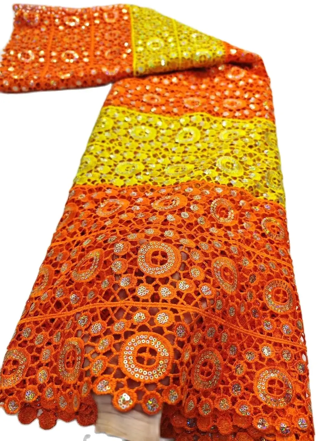 

Orange Water Souble Sequins Lace Fabric Cord Lace Fabric 5 Yards High Quality White Cord Net Fabric Material for Women KB3694