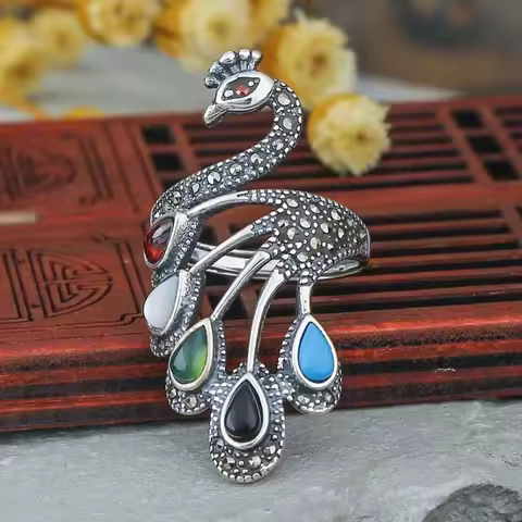 Ethnic Style 925 Silver Multicolored Gemstone Exquisite Peacock Ring for women Vintage Exaggerated Elegant Jewelry Opening
