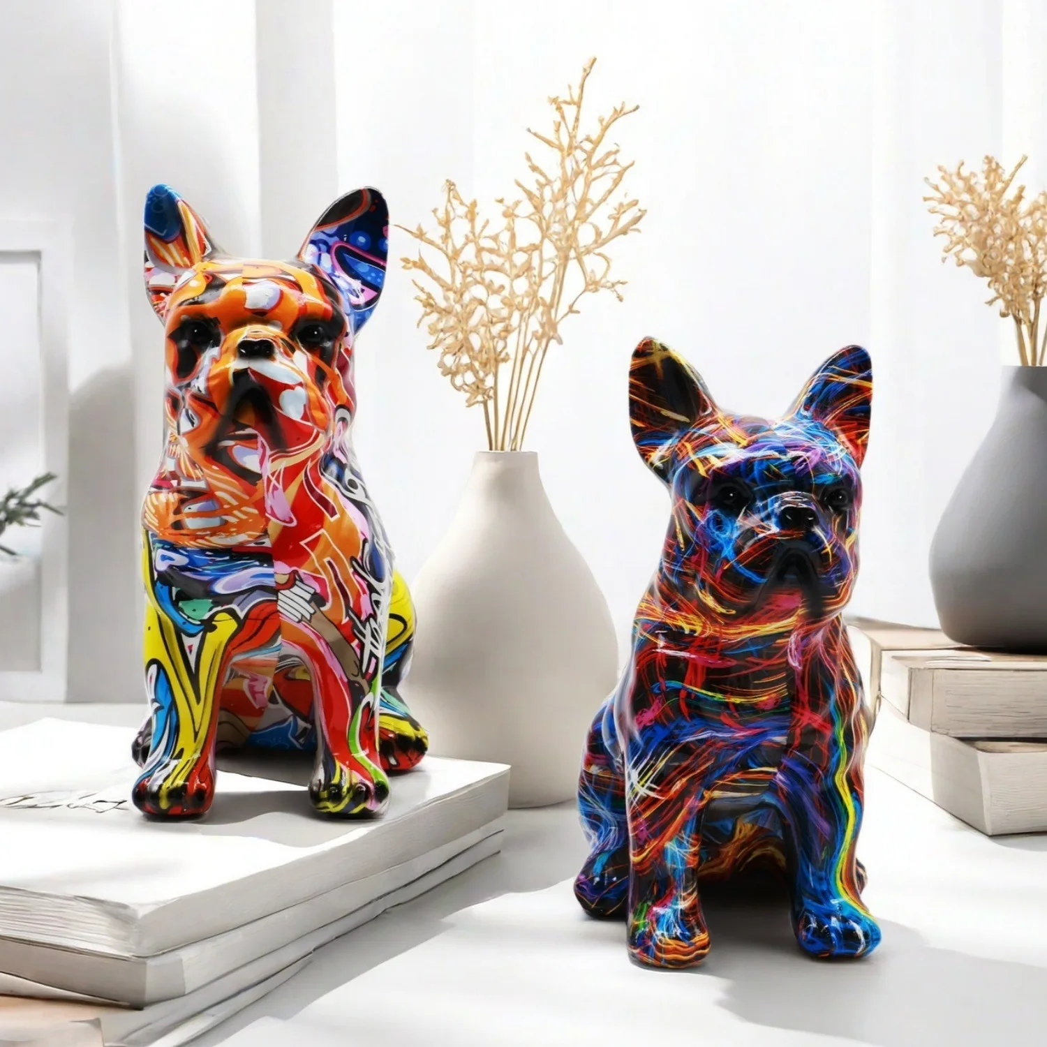 Colorful Graffiti French Bulldog Statue Resin Pet Dog Figurine Nordic Home Office Desktop Animal
