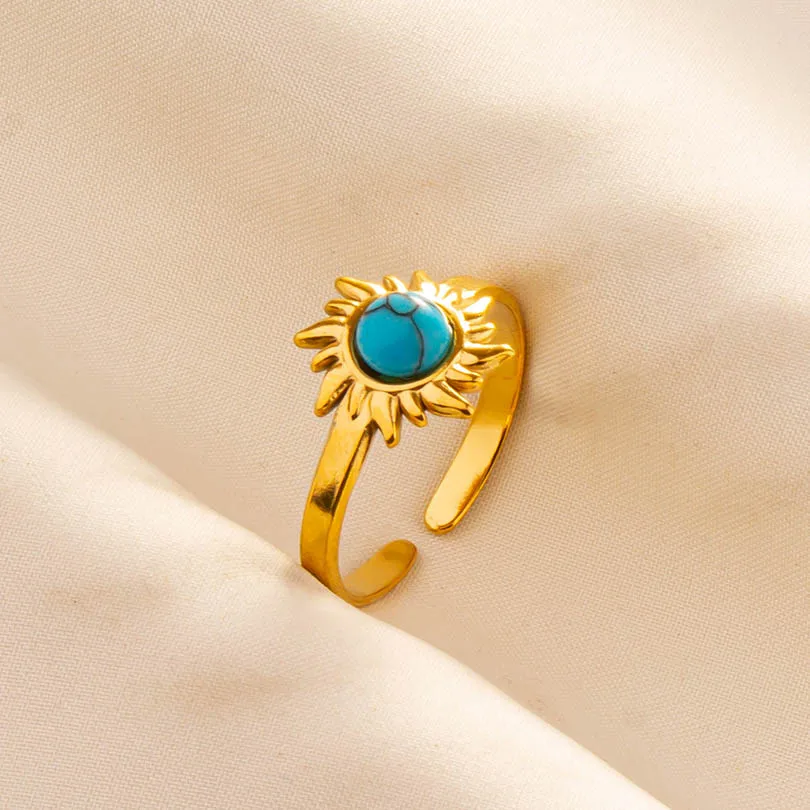 Fashion Gold Plated Bohemia Blue Stone Turquoise Open Ring Minimalist Stainless Steel Knuckle Rings Jewelry Gift For Women Girl