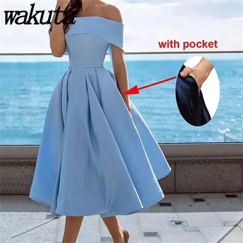 

Wakuta Elegant Prom Evening Guest Midi Dresses for Women Summer Sexy Slash Neck Off Shoulder Long Party Bridesmaid Vestidos