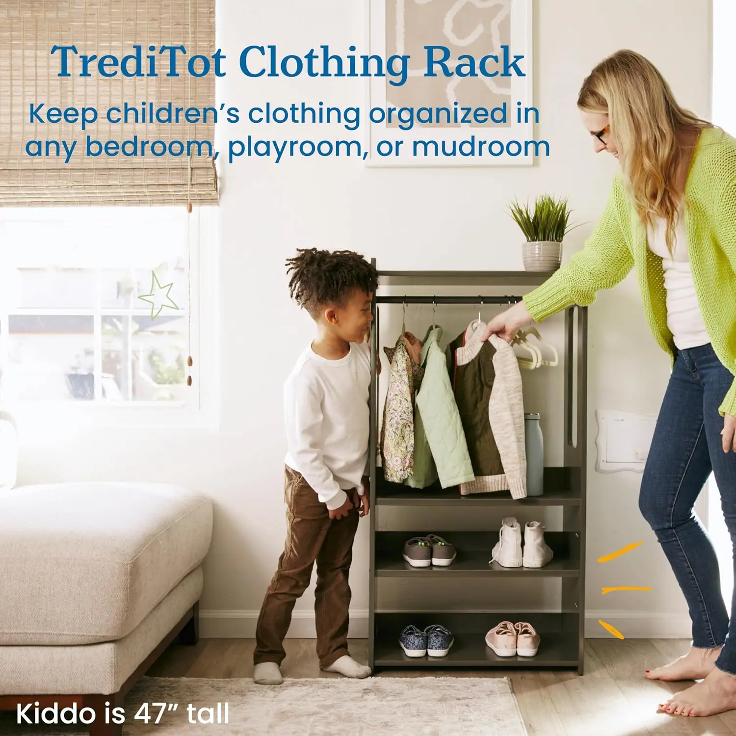Adjustable Kids Clothing Rack with Shelves, Toddler Wardrobe Storage Organizer, Grey Wash, Customized