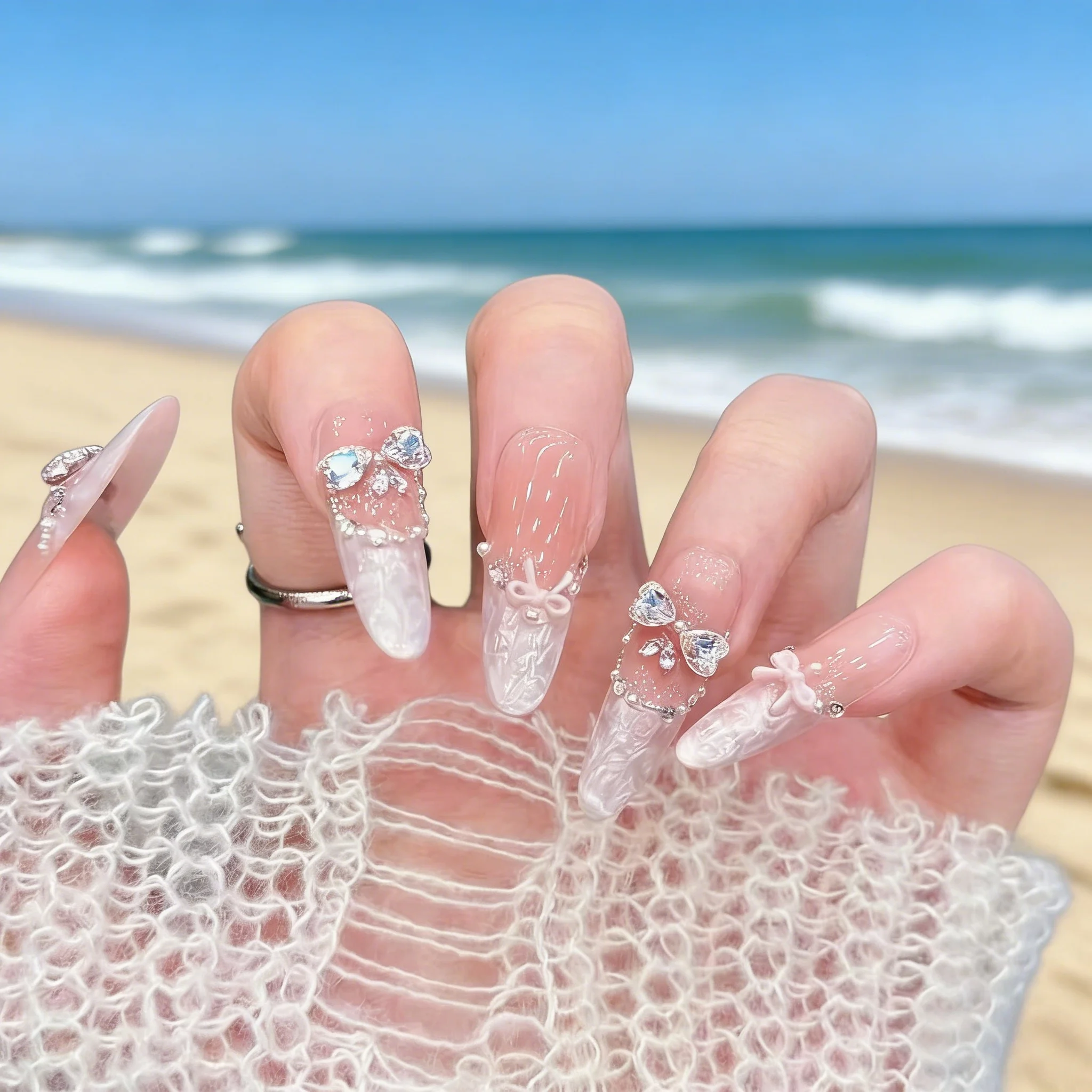 

10pcs French Gradient Handmade Nails Nude Heart Bow Design Press on Nail Long Ladder Fake Nail for Women&Girl False Nail Art