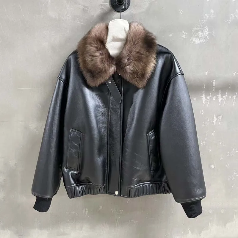 

natural real sheep fur coat winter women genuine fox fur collar short length thick warm high quality 2025 new fashion