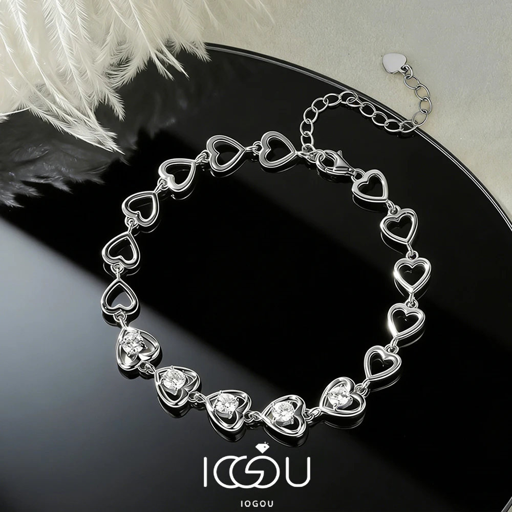 

IOGOU Gold Plated 925 Silver Bracelet Heart Bracelets 4mm D Color Round Cut Moissanite Diamond Certified Fine Jewelry for Women