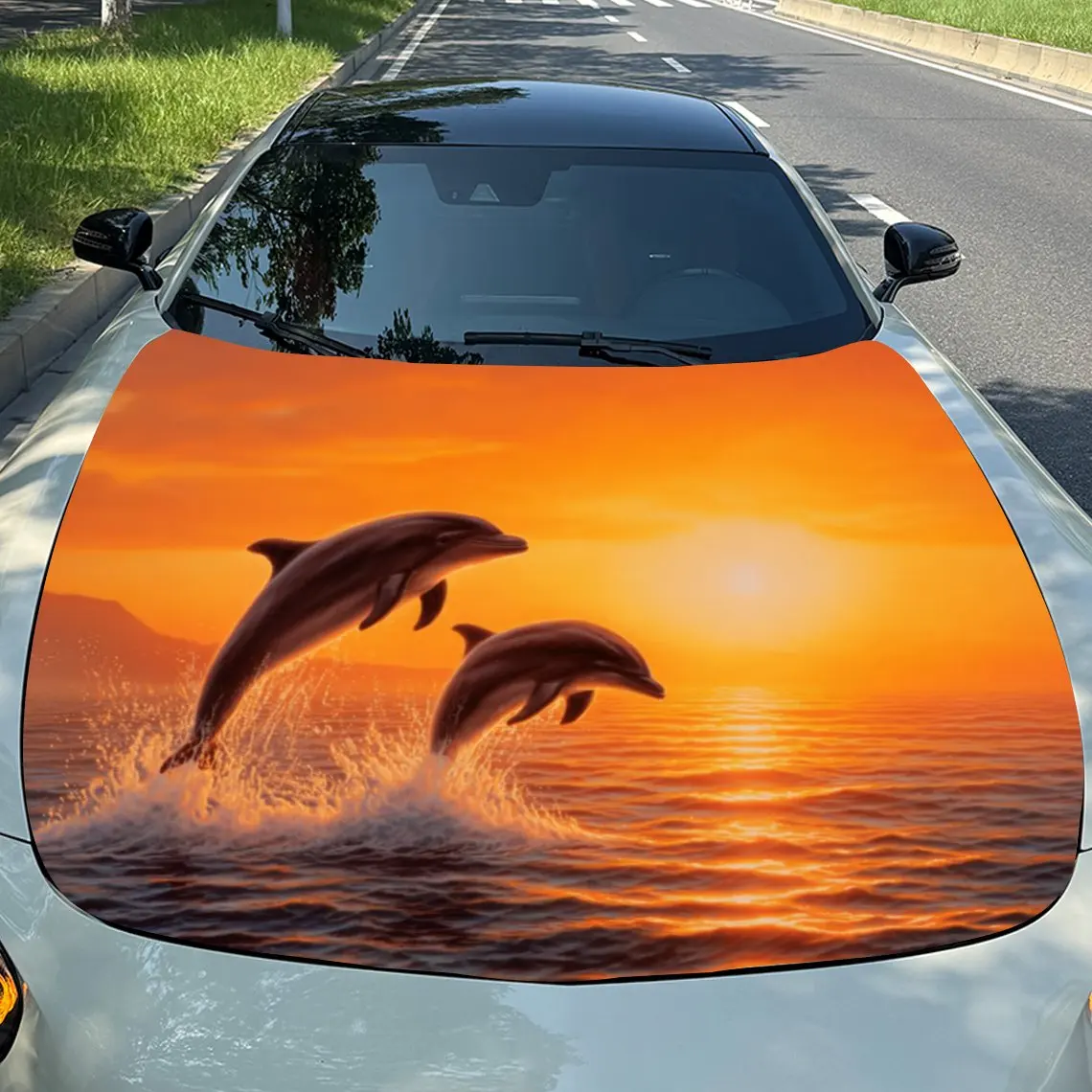 

Sunset Dolphin Pattern Car Hood Decal-Scratch Resistant, Weather Resistant PVC, Easy To Stick, Adding Bold Design To Your Car Ap
