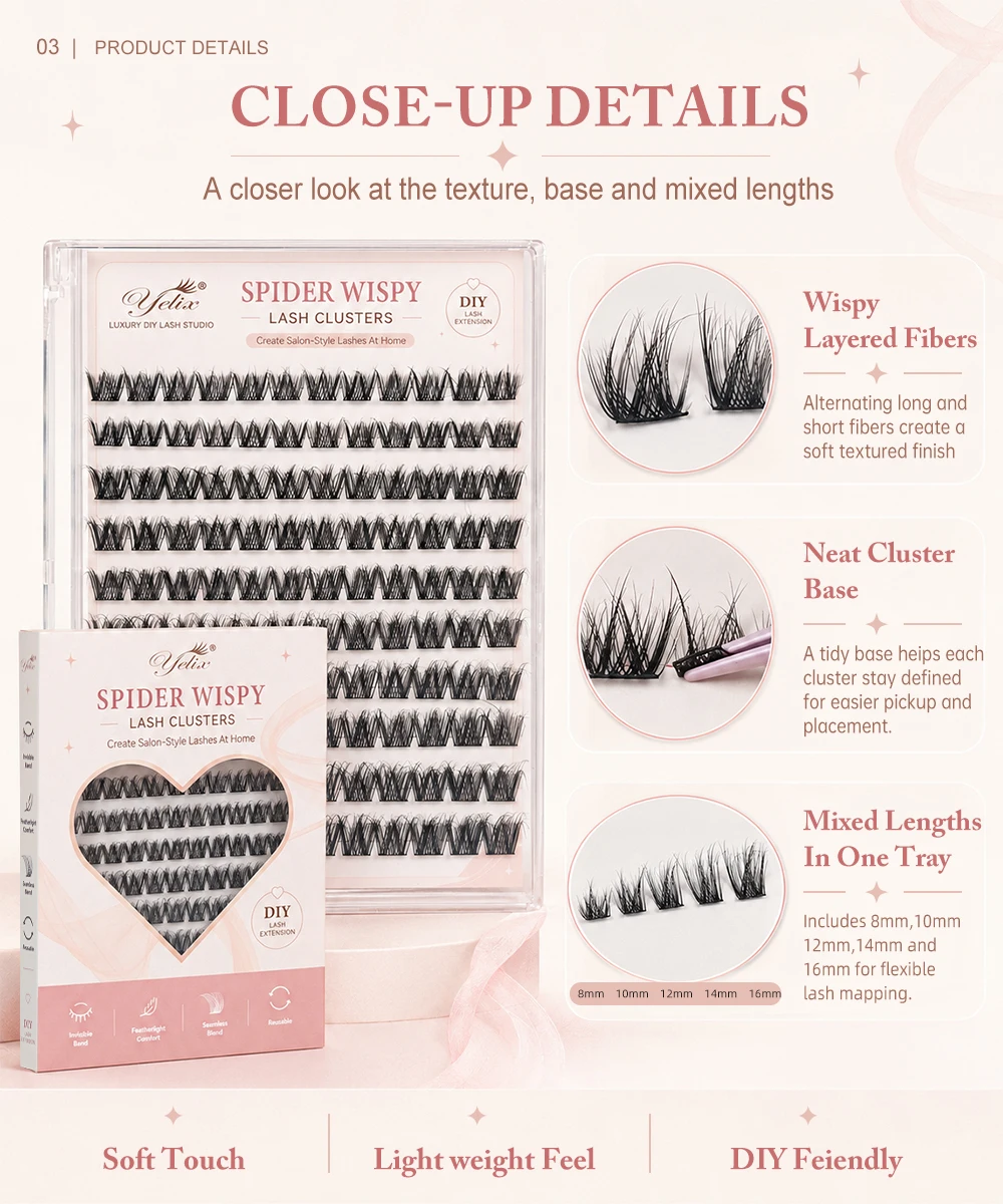 Yelix DIY Cluster Lashes Wispy Soft Selbstklebende Falsche Wimpernverlängerungen Großhandel für Schönheitssalons und Distributoren – Detail 3