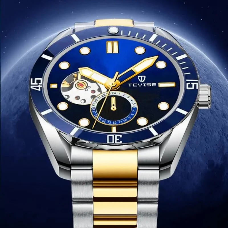 

TEVISE 795 Automatic Mechanical Watch Fashion Casual Stainless Steel Strap Skeleton Watch Luminous 24 Hour Wristwatch Waterproof