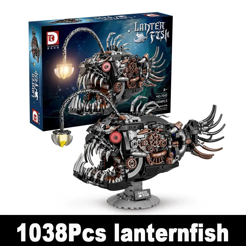 

1038 деталей MOC: Механическая модель рыбы-фонарика, конструктор для сборки глубоководного животного, развивающие игрушки для детей, подарок
