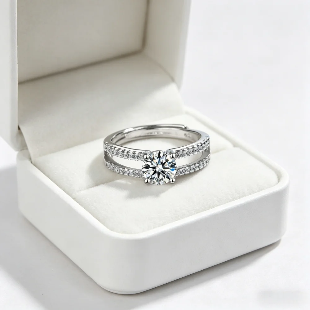 925 Sterling Silver Moissanite Ring, Double Band Twist Design with Side Stones, Adjustable Wedding Promise Ring for Women
