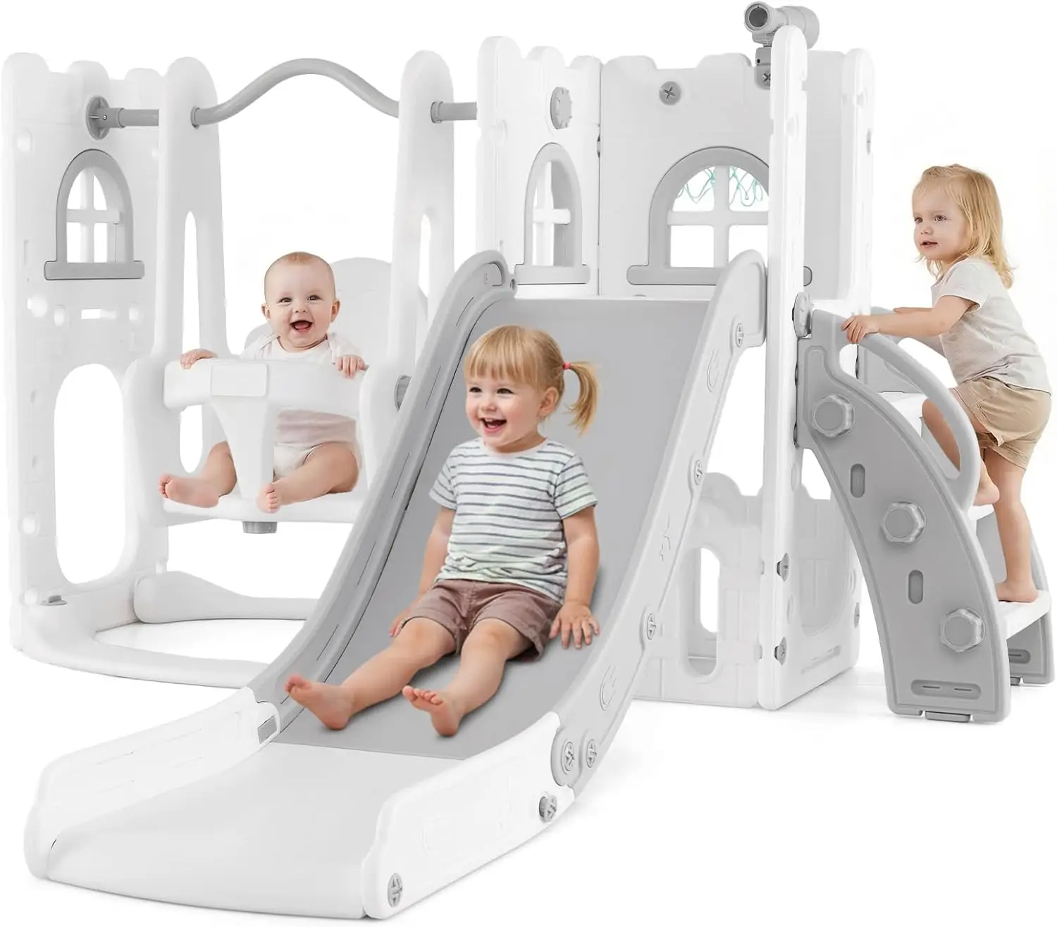 Juego de Columpios y Tobogán para Niños Pequeños, 7 en 1, Parque Infantil Interior y Exterior con Escalador, Aro de Baloncesto, Telescopio y Almacenamiento de Juguetes para Niños