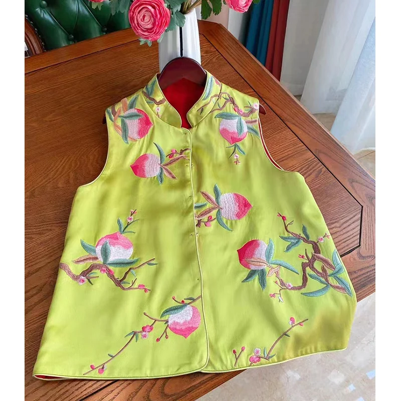 

High-Quality 2023 Double Wear Autumn Acetic Acid Fabric New Retro Vest Stand Neck Peach Embroidery Sleeveless Top Women S-XXL