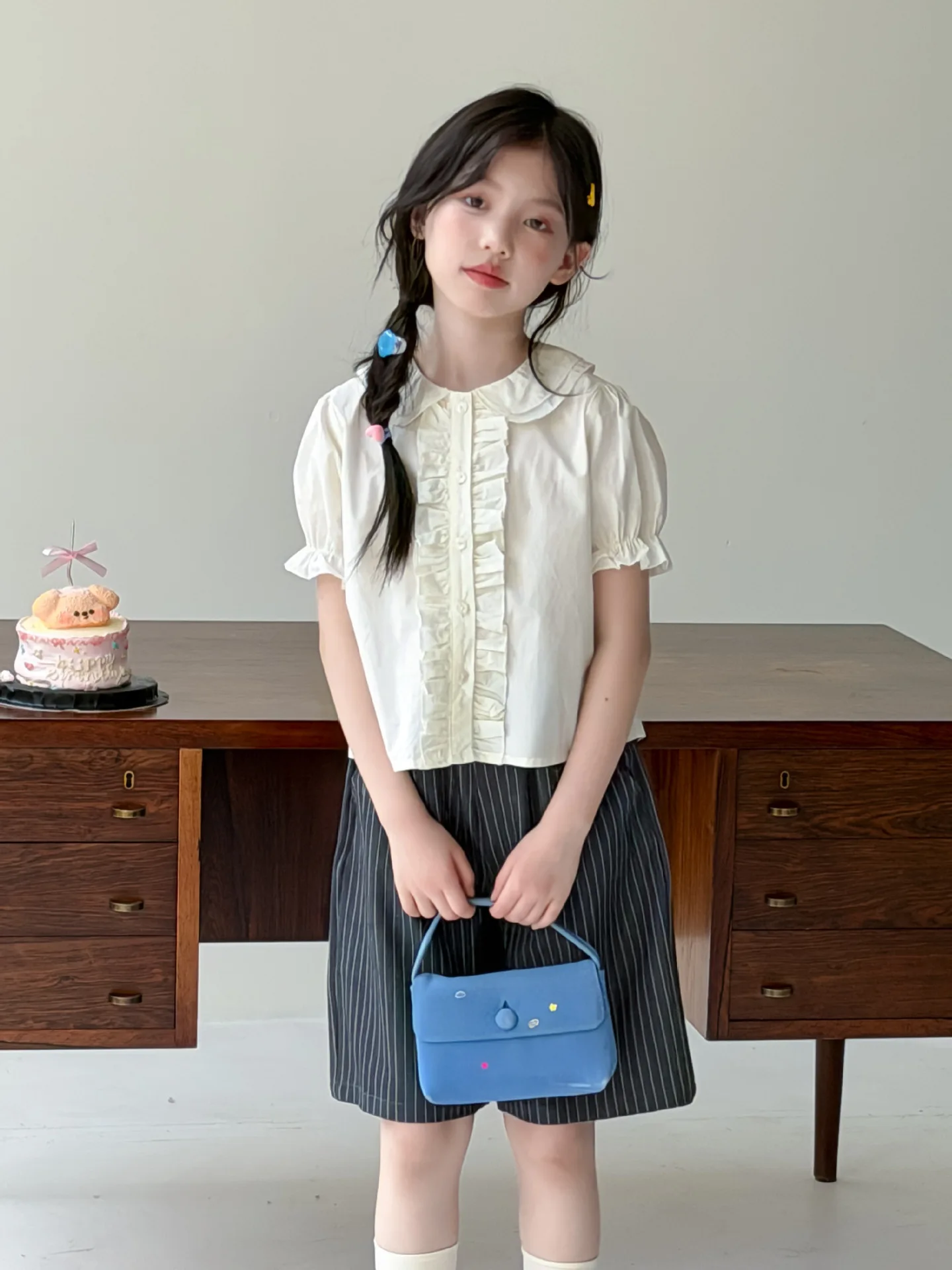2026 New Girls Teenage Fashion Clothing Suits,  Baby Girls Elegant 2 Piece Sets, White Blouse +  Striped Pants 3 -10 T
