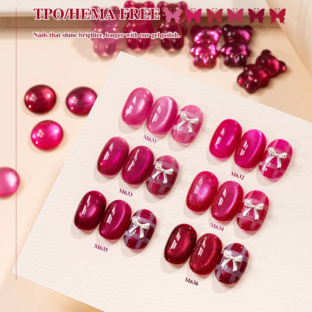 

Vendeeni TPO/HEMA FREE 6 Colors/set Pure Red Pearl Ruby Magnetic Crystal Cat Eye Manicure Gel Nail Polish With Color Card