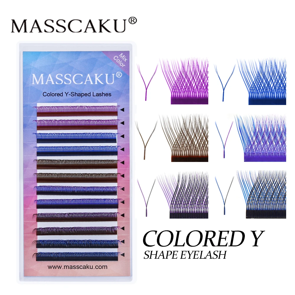 New Arrival Masscaku Mixed Color YY Shape Eyelashes 8-16mm Blue Purple Eyelash Extensions Easy to Graft Soft Silk Lashes Makeup