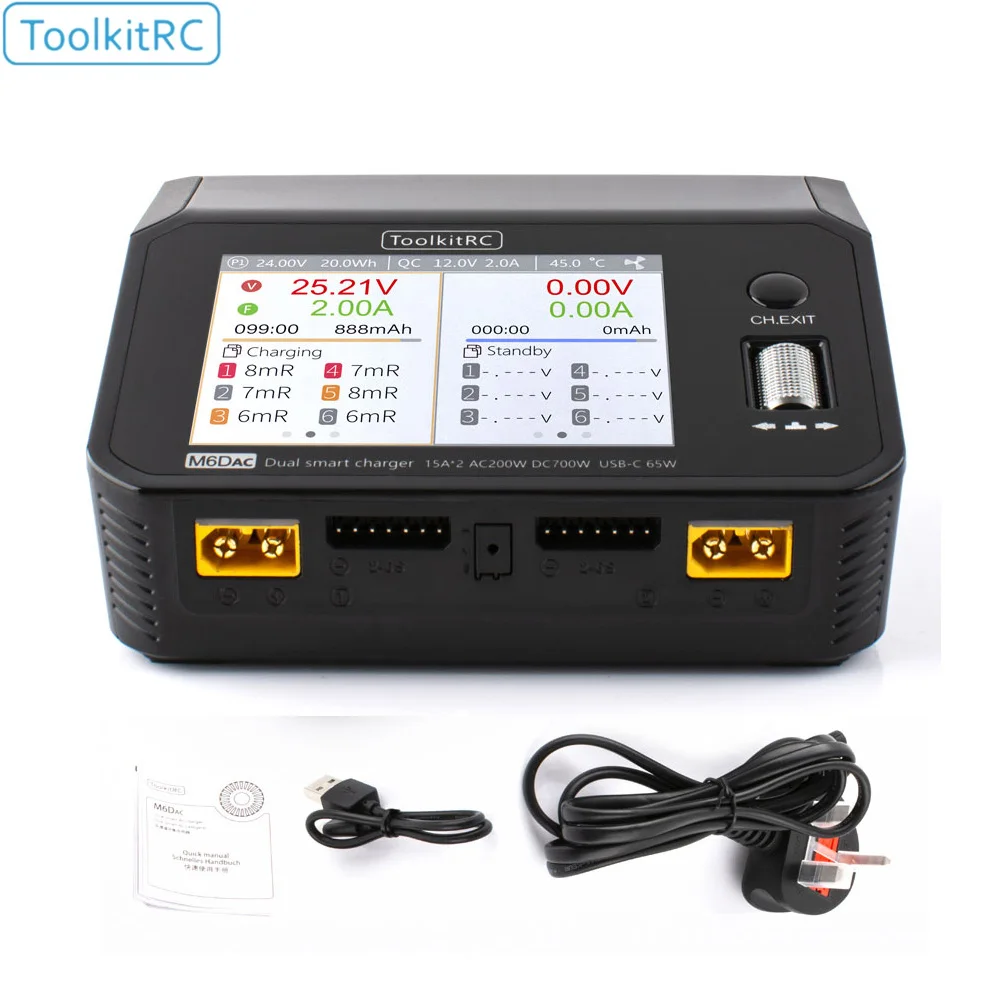 

ToolkitRC M6DAC Dual Channel Smart Lipo Battery Charger Discharger AC 200W DC 350WX2 15A for 1-6S LiHV PD 65W