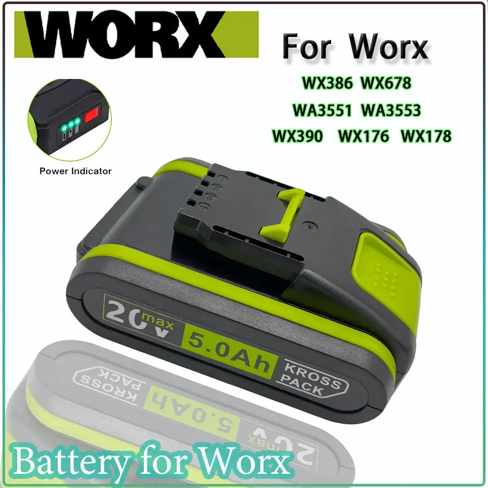 

Worx New Power Tools Rechargeable Replacement Battery 20V 5000mAh Lithium for Worx WA3551 WA3553 WX390 WX176 WX178 WX386 WX678