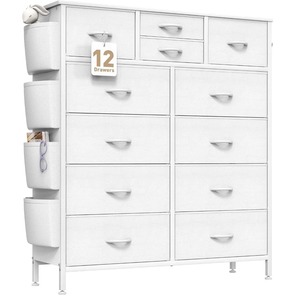 Dresser for Bedroom with 12 Drawers, Chest of Drawers with Side Pockets and Hooks, PU Fabric Dresser Drawers for Living Room