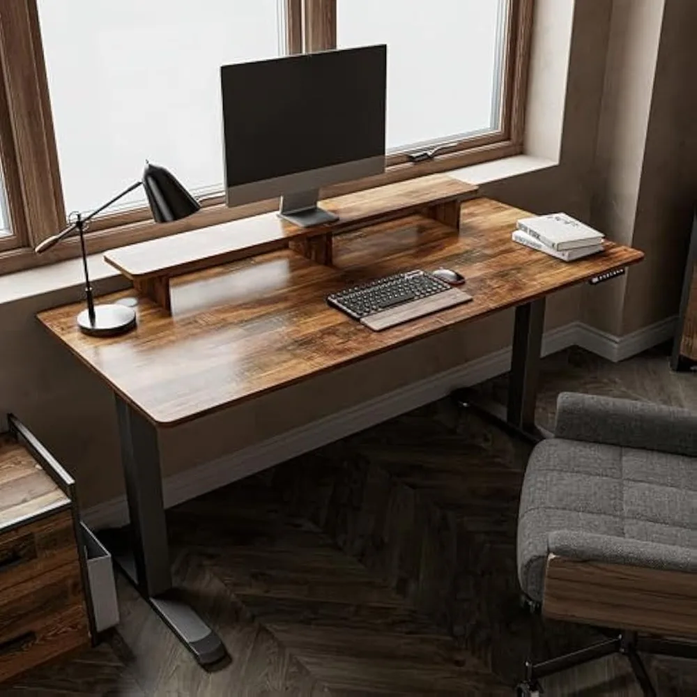 Electric Standing Desk,63 Inch Height Adjustable Desk with Dual Motor,Computer Desk with LED Lights & Double Shelves,