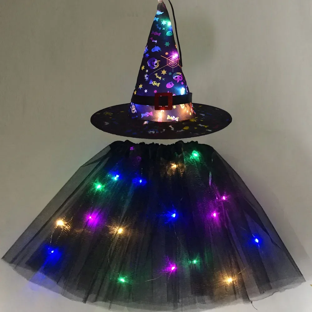 Frauen Mädchen Erwachsene Leuchten LED Zauberer Kostüm Kürbis Hexe Hut Tutu Rock Cosplay Requisiten Glow Party Halloween Festival Weihnachten