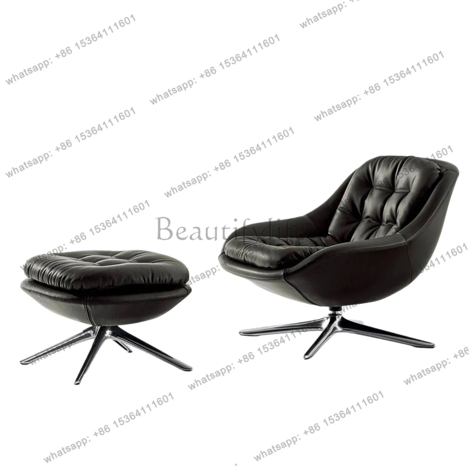 

Light luxury Italian black leather wrapped single sofa chair with ottoman rotating living room soft bag seat