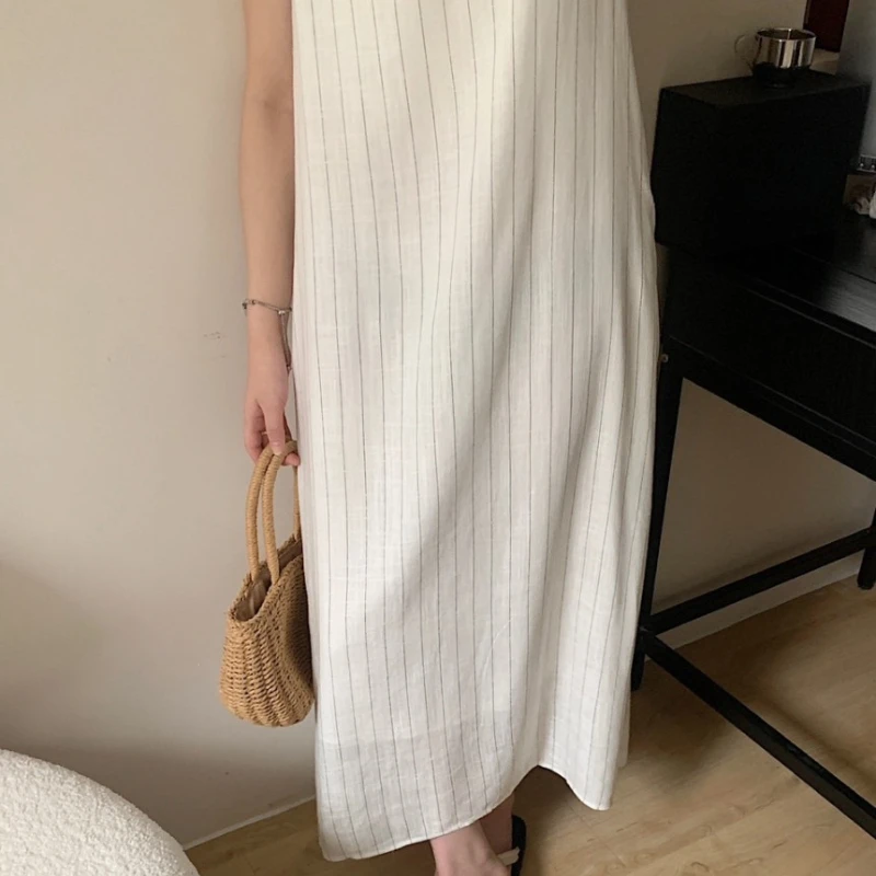 REALEFT Summer High Waist Vintage Striped Cotton and Linen Women's Tank Long Dresses 2025 New Sleeveless Casual Loose Dresses
