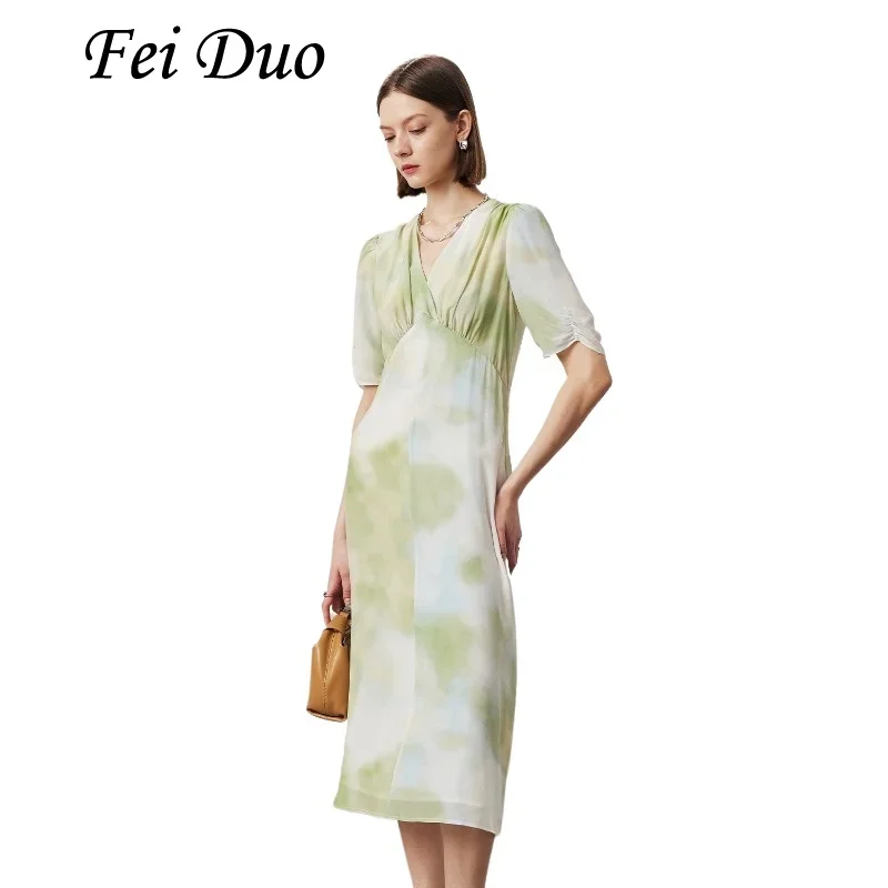 

2024 Women's Fashion Spring/Summer New 100% Natural Mulberry Silk Double Crepe V-neck Short Sleeve with Lining (Not Silk) Dress