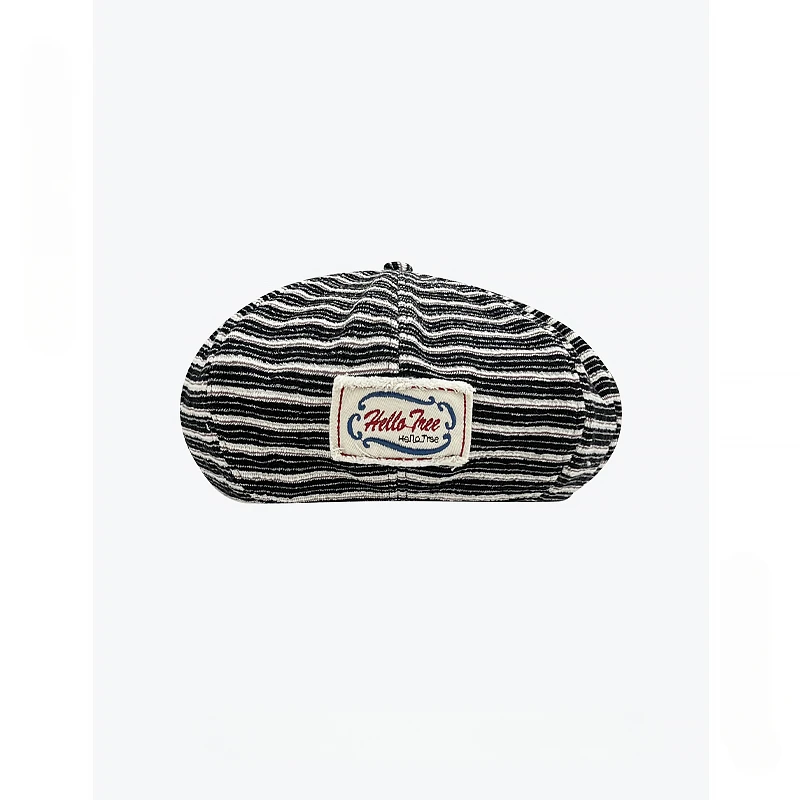 

Japanese Retro Striped Literary Beret Women's Spring and Autumn Street Trend Sticker Embroidery Design Octagonal Painter Hat