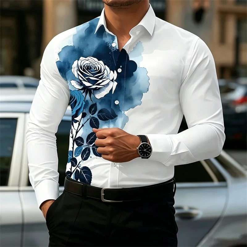 Men's Shirt With Retro Artistic Floral Print  Stylish Lapel  Long Sleeves  Business Casual  Trendy And Individualistic Style.