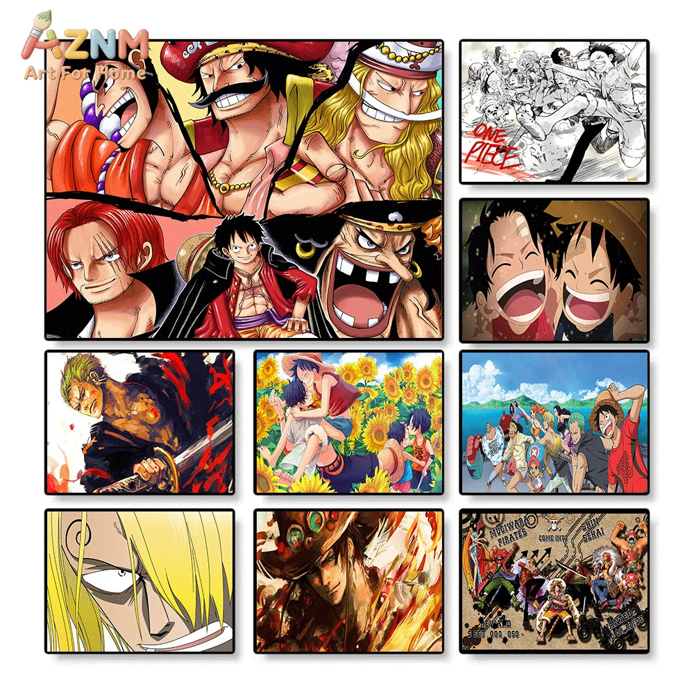 AZNM - Lienzo Decorativo de Anime One Piece con Personajes Piratas como Gol D. Roger, Luffy, Shanks, Zoro, Sanji, Ace y Blackbeard, Impresión HD sin Marco