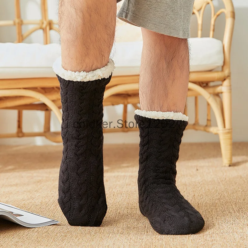 Calcetines de invierno para hombre y mujer, medias cálidas de algodón, suaves, gruesas, de terciopelo, para dormir, zapatillas de suelo sin agarre,