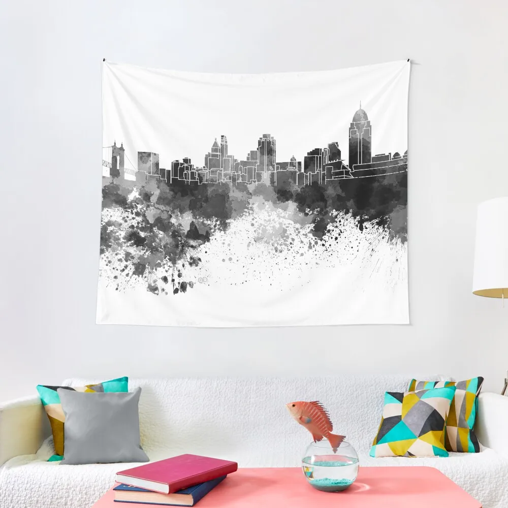 

Cincinnati skyline in black watercolor Tapestry Wallpaper Room Decorator Bedroom Decor Aesthetic Tapestry