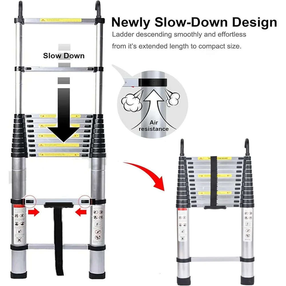 سلم تمديد ألومنيوم متداخل متعدد الأغراض مع آلية قفل وخطاف قابل للفصل لارتفاعات مختلفة وU #5