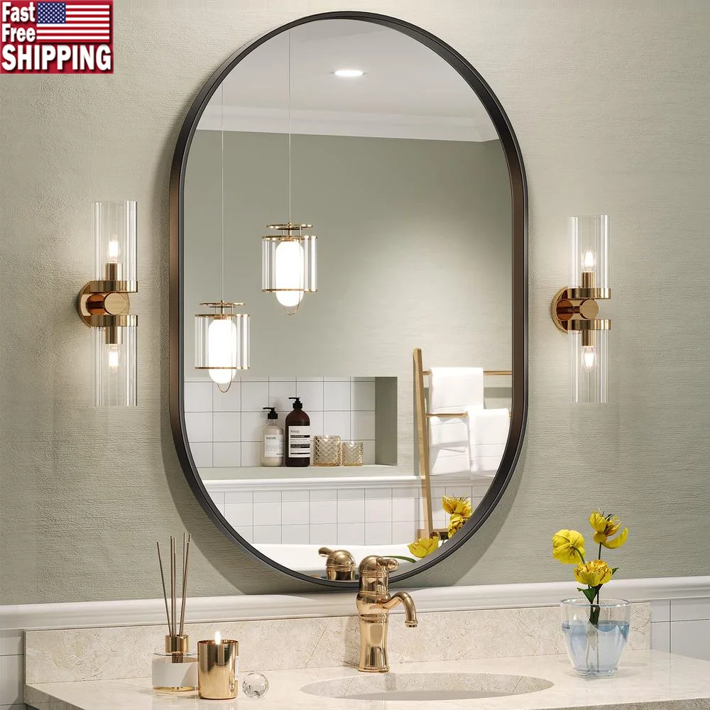 Oval Mirror Black Metal Frame Wall Mounted Bathroom Vanity Mirror 20x30 Inch HD Glass Corrosion-resistant Elegant Design Easy