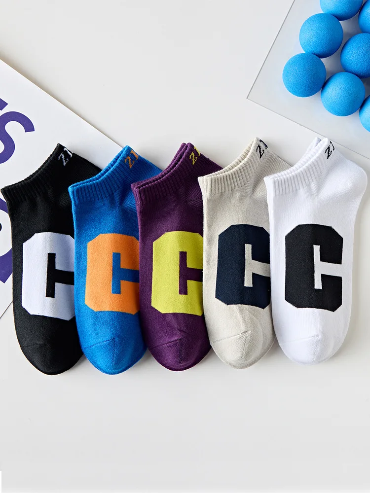 

5 Pairs Men's Socks Set Summer Sweat Absorbing Breathable Shallow Mouth Anti Slip Ankle Socks Korean C Letter Versatile Socks