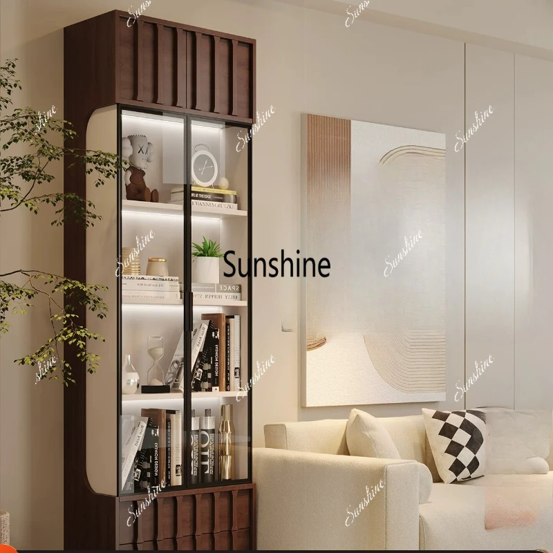 Narrow side, floor-to-ceiling glass door display, living room, solid wood magazine cabinet for storage