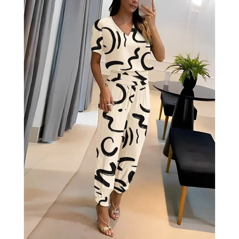 Women's Summer Casual Fashion Puff Sleeve V Neck Top & Geometric Print Cuffed Pants Set Office Lady 2Pcs Set Workwear Suit Sets