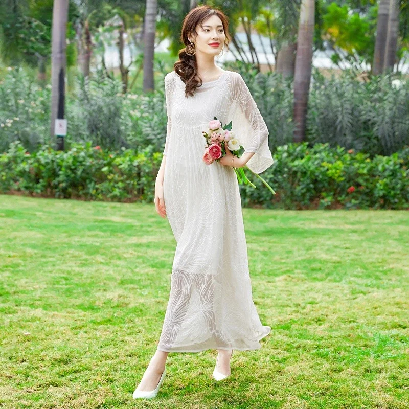 Summer White Dress Women Clothing 2024 Summer New 100% Mulberry Silk Embroidery Long Dresses For Women Evening Dresses Zm3182