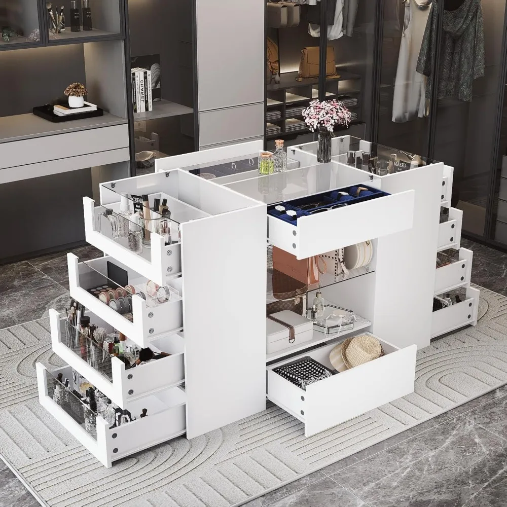 

White Dresser for Bedroom,Glass Top and Jewelry Display，Chest of Drawers with Glass Shelf, Closet Island with Drawers Wardrobe