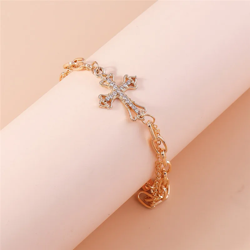 Aihua Gothic Goldfarbenes Kristallkreuz-Fußkettchen für Frauen, Fußschmuck, Sommer, Strand, sexy, weibliches Barfuß-Knöchelarmband für das Bein – Detail 10
