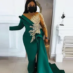 Dark Green Evening Dresses Scoop Sheer Neck Long Sleeves Mermaid Prom Dress Beads Appliques Side Train African Women Party Gown