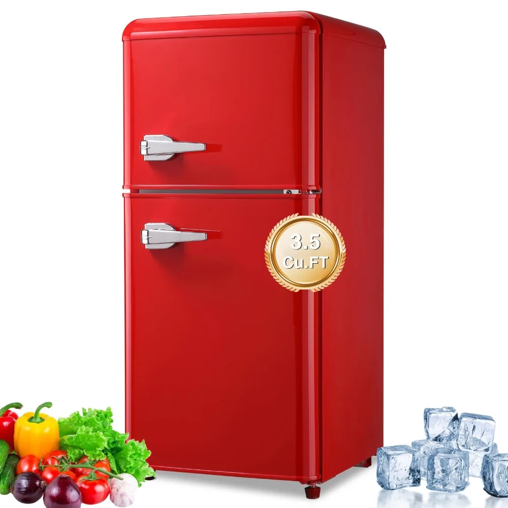 3.5 Cu.Ft Compact Refrigerator, Retro Fridge with Dual Door, Small Refrigerator with freezer,7 Level Adjustable Thermostat, Red