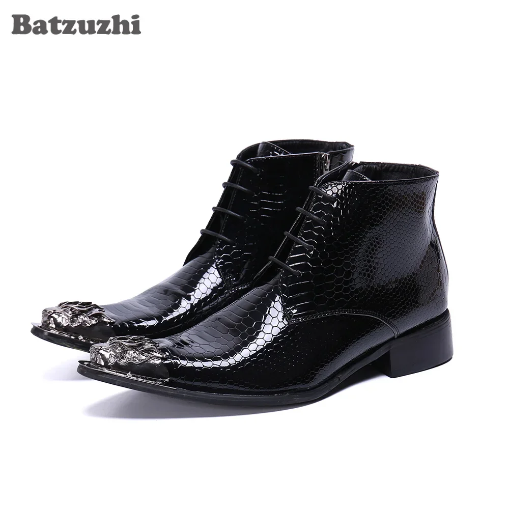 

Batzuzhi Handmade Men Ankle Boots Pointed Toe Black Leather Ankle Boots Men Lace-up Botas Hombre Party Men Footwear! Sizes US12