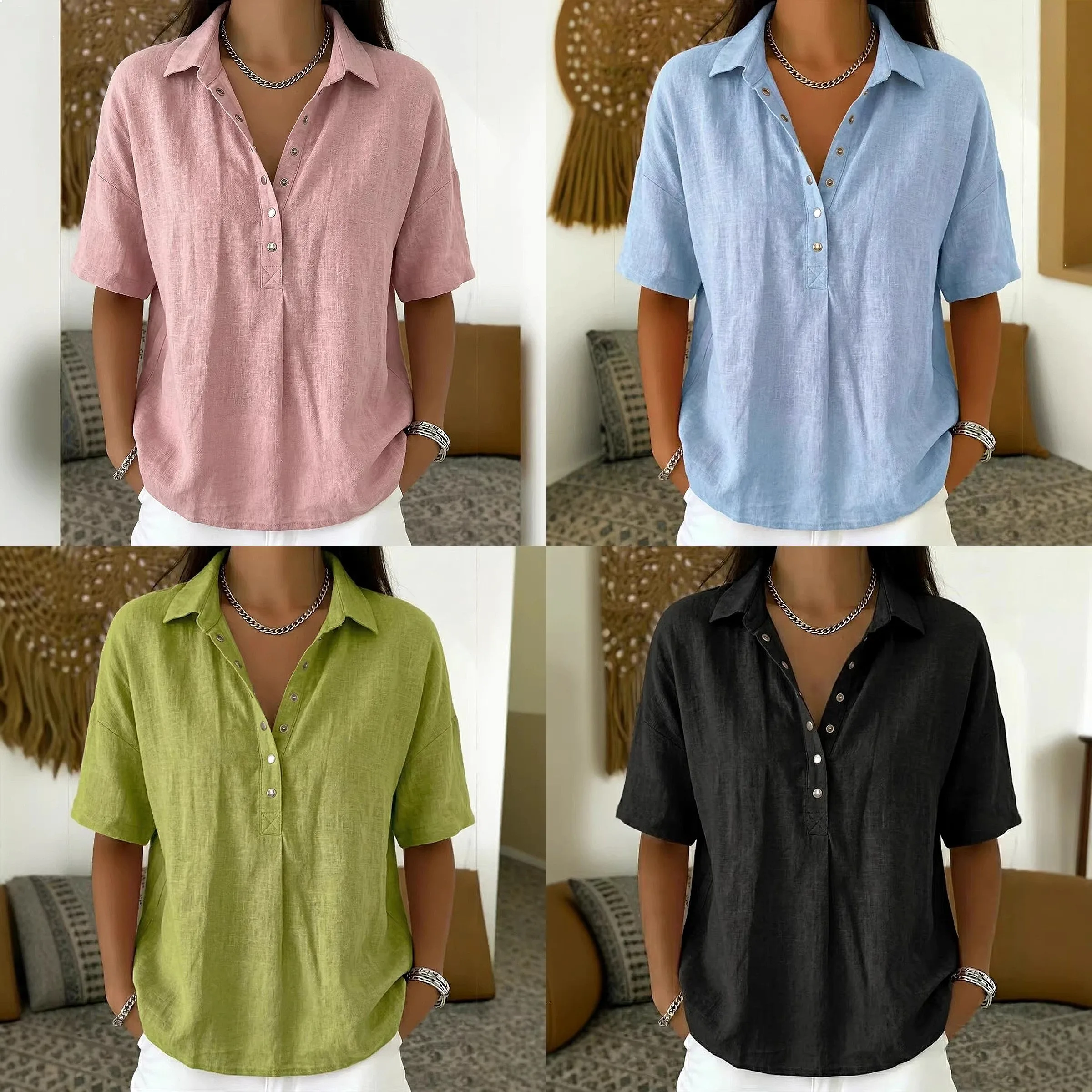 

2026 Spring Summer Women Loose Comfortable Lapel Short Sleeve Blouse Top Tee Shirt