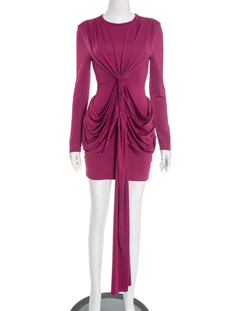 セクシーなツイストタイドレープミニボディコンワンピース レディース 無地 Oネック 長袖 ハイウエスト リボン スリム 秋 パーティー クラブドレス