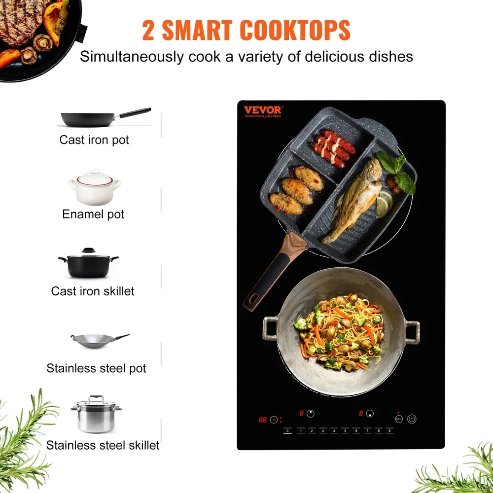 12 Inch Electric Cooktop 2 Burners 1800W Touch Control Built-In Induction Stove High Power Multi-Pot Cooking Safety Features