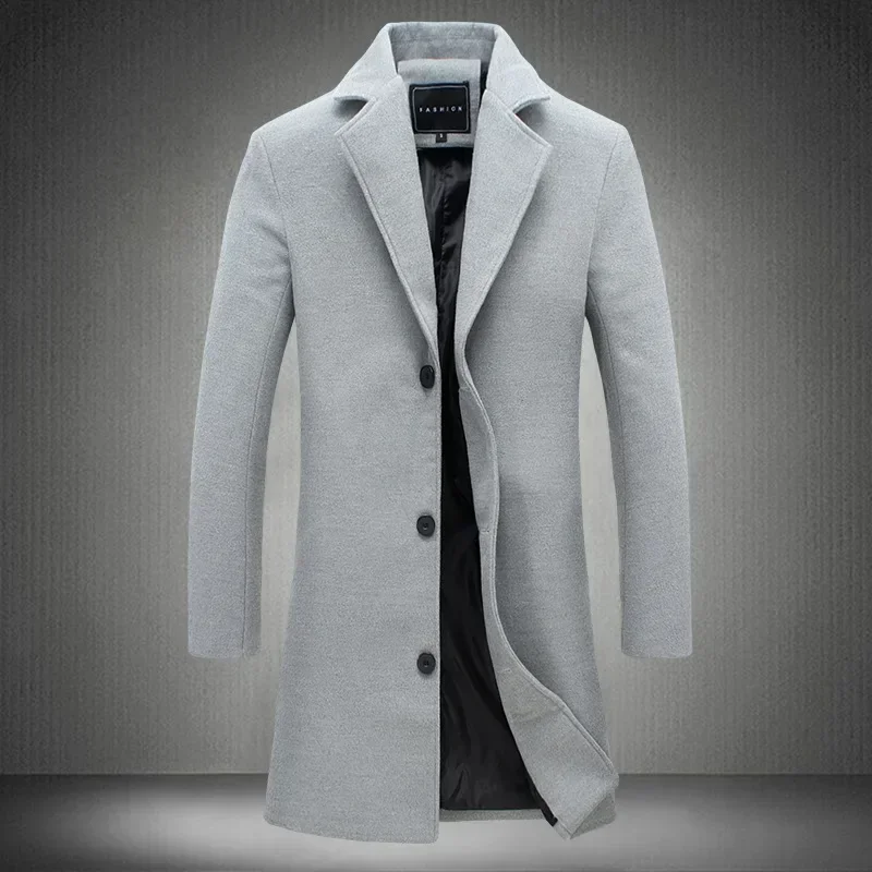 Autumn Winter Fashion Men's Woolen Coats Solid Color Single Breasted Lapel Long Coat Jacket Casual Overcoat Plus Size 5 Colors