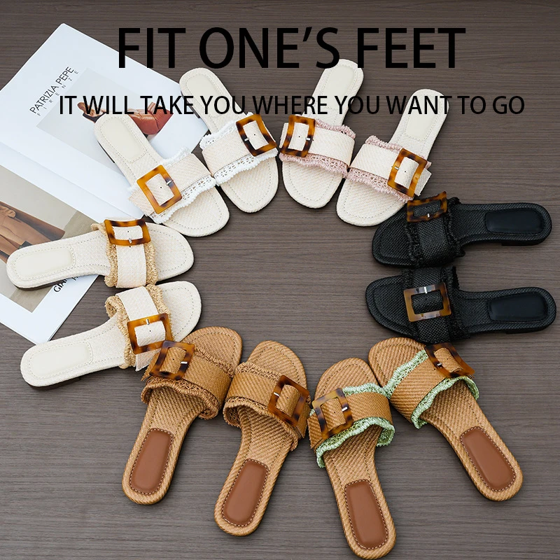 

Forest-style straw woven flip-flops with buckle2026New Summer Retro Beach Fairy Style Flat Sandals for Outdoor Wear