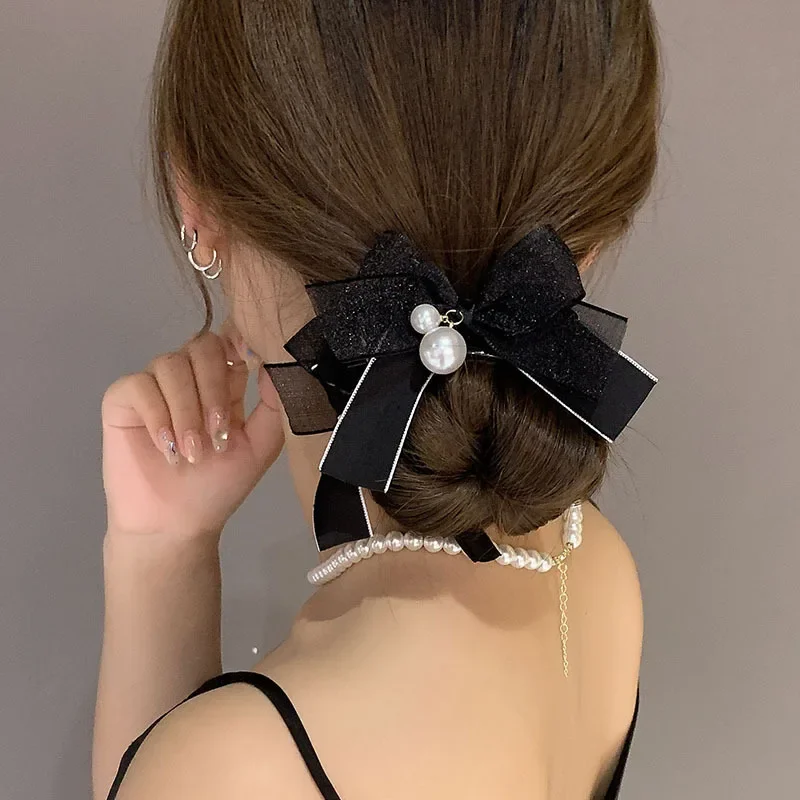 Fashion Lace Bow Pearl Hair Grab Clip Elegant Shark Clip Retro Headdress High-Quality Hairpin Fixed Hair Accessories for Women